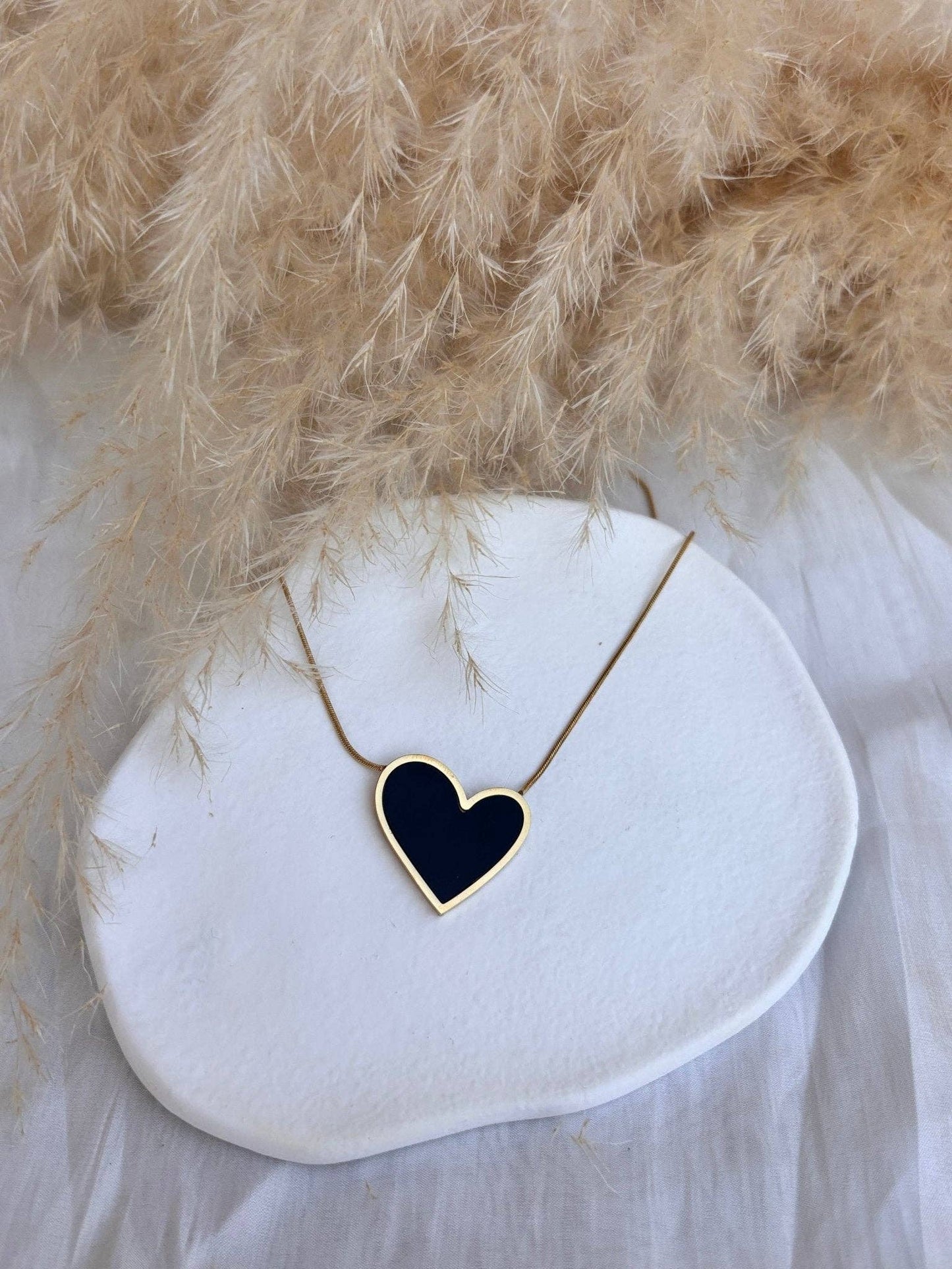 Collier cœur à cœur acier inoxydable "Plaqué or 18 carats" Noir