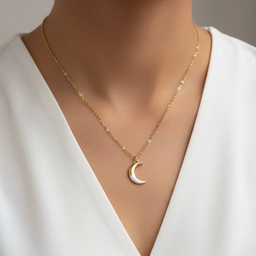 Collier Lune blanche avec pendentif en acier inoxydable plaqué or 18 carats